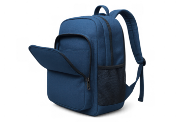 Blue backpack with open front pocket, rucksack for school, travel, or everyday use, isolated on transparent background