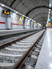 Obraz premium Empty subway station with railway tracks and tunnel view.