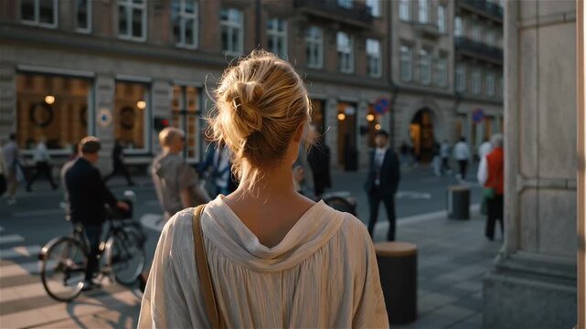 A woman in a white dress walks down a sunny city street with people around her