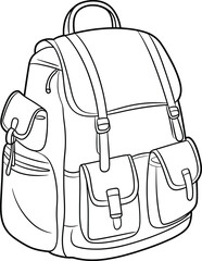 Backpack sketch, multi-compartment design, buckle closure, zipper pocket, flap cover, fashion illustration, technical drawing, bag template, top handle, structured silhouette, minimalist line art, fas