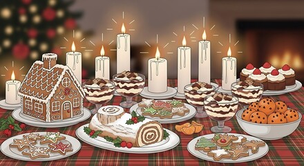 Festive Christmas Dessert Table with Gingerbread House and Candles.