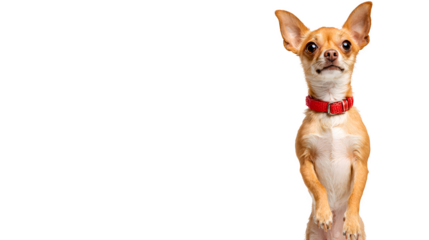 chihuahua dog standing on hind legs wearing red collar, isolated on white background
