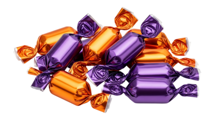 A colorful pile of purple and orange wrapped hard candies isolated on a white background.