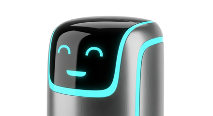 A friendly personal assistant robot with a smiling digital face.