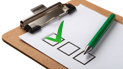 clipboard with green checkmark on paper, completed task and organization concept, isolated on white background