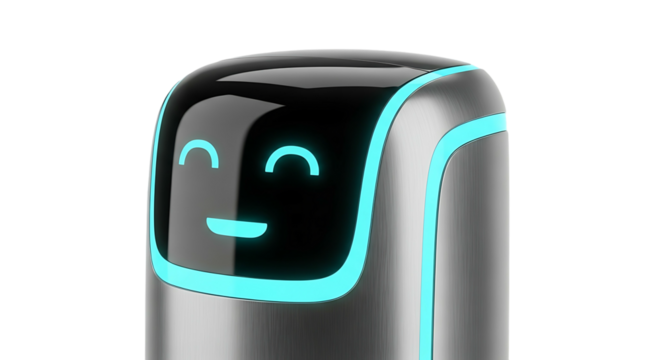 A friendly personal assistant robot with a smiling digital face.