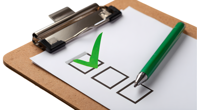 clipboard with green checkmark on paper, completed task and organization concept, isolated on white background