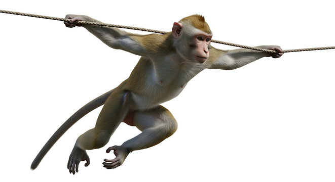 A nimble monkey hangs from a rope isolated on a white background.