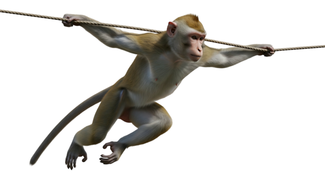A nimble monkey hangs from a rope isolated on a white background.