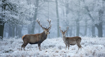 Two deer standing in frosty winter forest under soft morning light