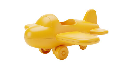 A simple yellow plastic toy airplane isolated on a white background.