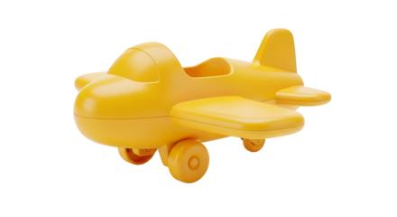 A simple yellow plastic toy airplane isolated on a white background.