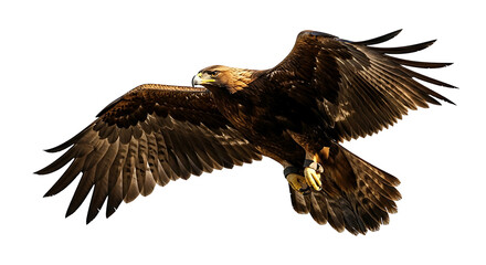 Obraz premium A powerful golden eagle in full flight against a white background.