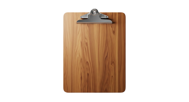 A simple vertical wooden clipboard isolated on a clean white surface.