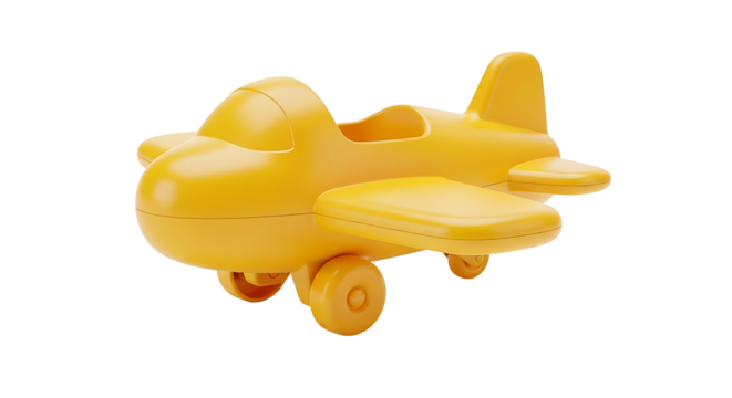 A simple yellow plastic toy airplane isolated on a white background.