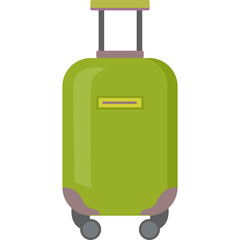 Green rolling suitcase with purple accents and a yellow tag on a white background illustration