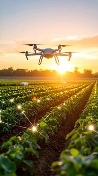 Agricultural drone flies over field of crops at sunset, showcasing modern farming technology and automated agriculture processes.