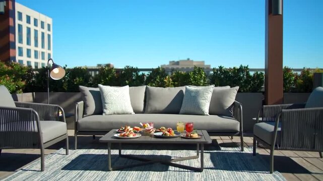 Modern rooftop lounge with refreshments and city view awaits guests