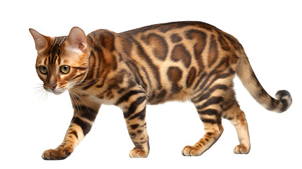 elegant Bengal cat walking gracefully, expressive gaze, studio lighting, isolated on white background