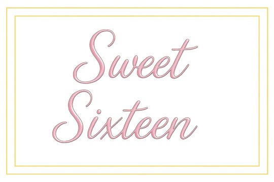 Minimalist design with the phrase "Sweet Sixteen" in pink cursive font on a white background with a gold border. Elegant and modern card, ideal for invitations or decoration of a 16th birthday party.