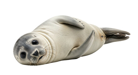 Adorable baby seal plush toy lying on its back isolated on a clean white background.