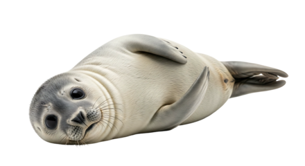 Adorable baby seal plush toy lying on its back isolated on a clean white background.