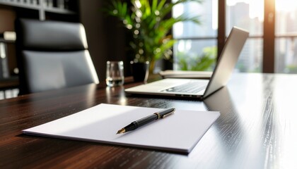 Professional office scene showing blank paper and laptop near a large window with natural light