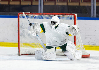 Ice hockey goalie makes a great glove save
