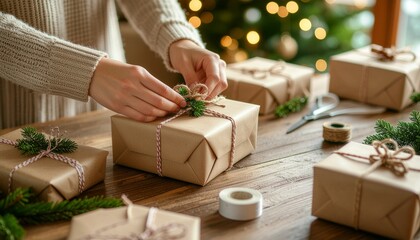 Hands wrapping a gift box on a wooden table surrounded by ribbons, plants, and natural decorations in warm light