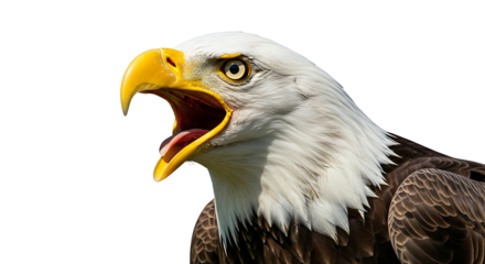 American Bald Eagle head with open beak screaming.