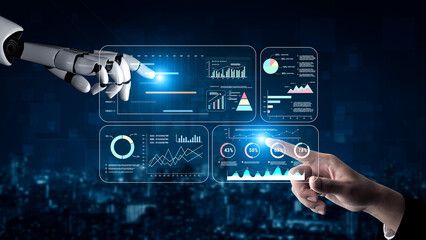 An AI project management dashboard with business performance analytics. AI visualization of project...