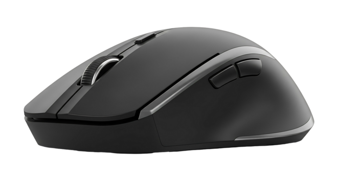 Black ergonomic wireless computer mouse for comfortable use and control.