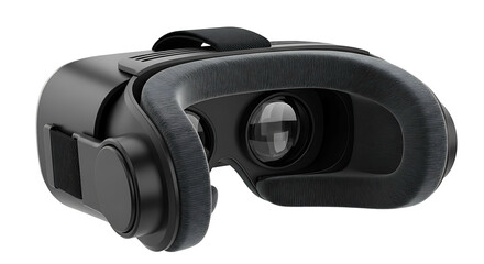 Black virtual reality headset for immersive experiences isolated on a white background.
