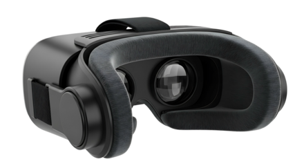 Black virtual reality headset for immersive experiences isolated on a white background.