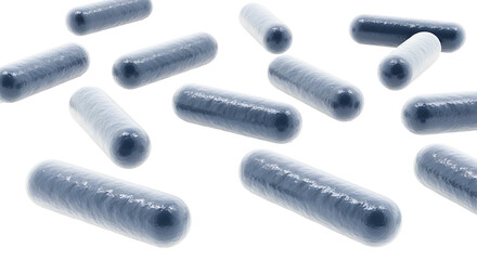 Blue and white pharmaceutical capsules scattered on a white background.