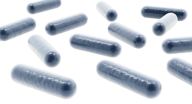 Blue and white pharmaceutical capsules scattered on a white background.