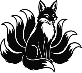 Obraz premium This image showcases a striking, stylized depiction of a fox with multiple flowing tails, reminiscent of mythical creatures. The fox is illustrated with bold lines and a sleek design, exuding a sense 