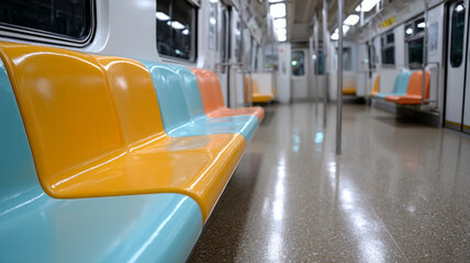 Empty subway train with colorful seats and reflections.