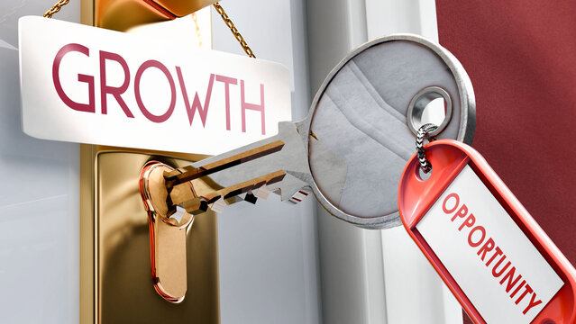 Opportunity leads to Growth - it's a key to unlock growth. A door key metaphor showing how opportunity is a key to access growth. It's a necessary element to open growth. ,3d illustration
