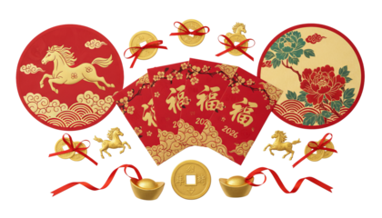 Set of Chinese New Year 2026 elements with fan, coins, and flowers, isolated on a transparent background. Good fortune symbols. Elements, collage, set, pack, bundle, Isolated, cutout, PNG