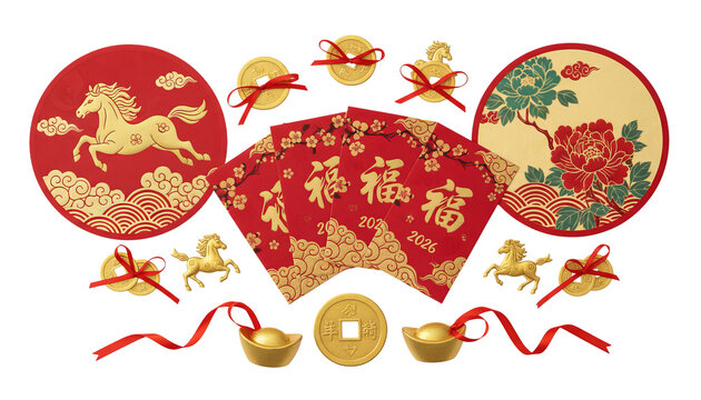 Set of Chinese New Year 2026 elements with fan, coins, and flowers, isolated on a transparent background. Good fortune symbols. Elements, collage, set, pack, bundle, Isolated, cutout, PNG