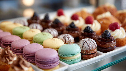 Colorful macarons and pastries on display at a bakery.
