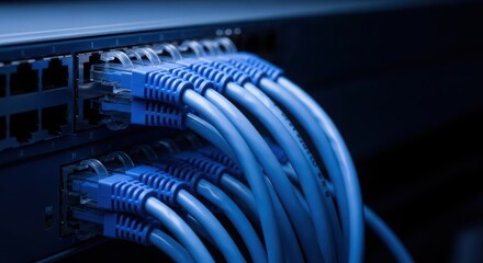 Close up of blue ethernet cables plugged into a network switch, connecting devices and transmitting data in a server room