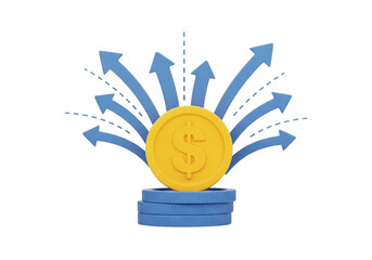 Gold coin with blue arrows indicating growth isolated on white isolated on transparent background