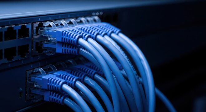 Close up of blue ethernet cables plugged into a network switch, connecting devices and transmitting data in a server room