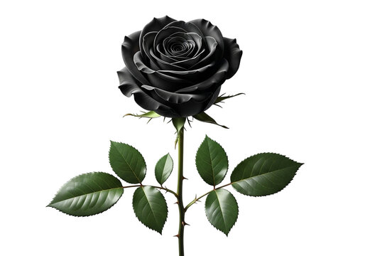 Single black rose with green leaves isolated isolated on transparent background