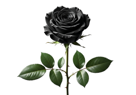 Single black rose with green leaves isolated isolated on transparent background