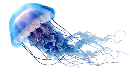 jellyfish illustration, glowing translucent body with trailing tentacles, isolated on white background