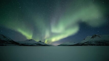 Long exposure captures the dynamic green Aurora Borealis dancing across the star-filled night sky above snow-covered mountains in a tranquil Arctic landscape. - Powered by Adobe