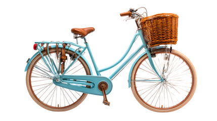 ladies light blue bicycle with wicker basket, brown saddle, ready to ride, cheerful vibe, isolated on white background